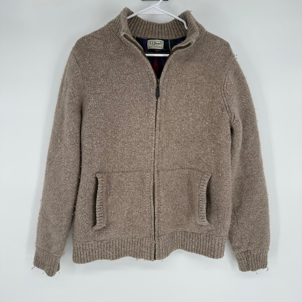 Vintage LL Bean Mens Lambswool Full Zip Sweater Flannel Lined Brown Mock Neck